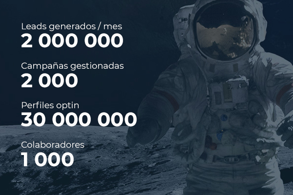 Key figures - Leads generados/mes: 2 000 000 - Campañas gestionadas: 2 000 - Perfiles optin: 30 000 000 - Colaboradores: 1 000