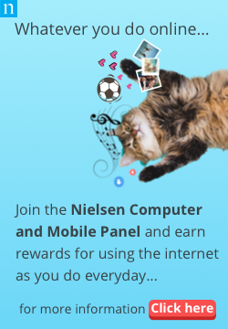 Neilson Rewards Program text reads: Whatever you do online- Join the Neilson Computer and Mobile Panel and earn rewards for using the internet as you do everyday For more information click here