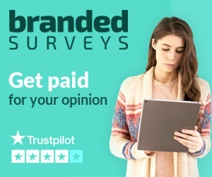 Branded Surveys Banner opens on the Branded Surveys sign up page  on a new oage image shows a young woman holding a clipboard or tablet reading Text says Branded Surveys Get paid for your opinion Trust Pilor 4 stars out of five