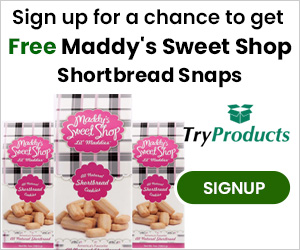 Banner Image shows 3 pachages of Maddy's Sweet Shop Shortbread Cookies in retro style black and white gingham with pink and white labels Text reads - Sign up for a chance to get Free Maddy's Sweet Shop Shortbread Snaps - Try Proprcts