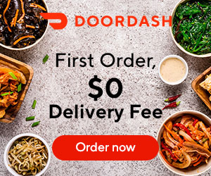 A bunch of different types of food, with text as an ad for DoorDash