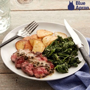 Food on a plate with a Blue Apron logo.