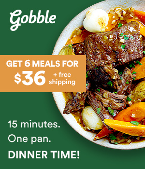 Plate of food with text over it for an add for Gobble.