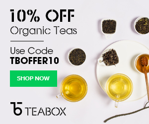 Glasses of tea and bowls of tea leaves with text as an ad for Teabox.