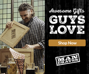 A man looking into a crate for an ad for Man Crates. 